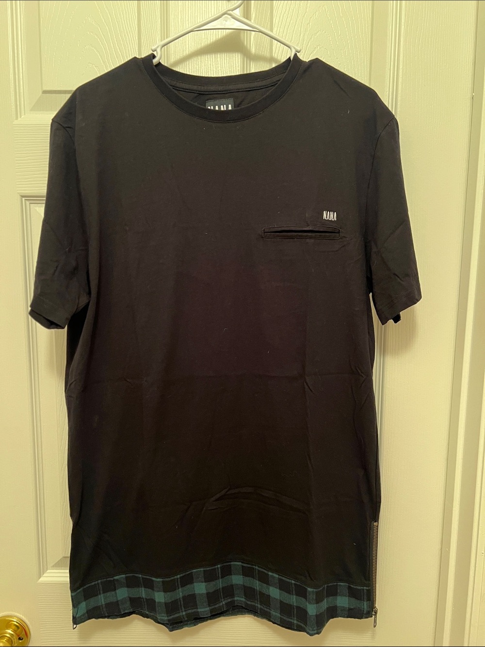 nANA judy Black Short Sleeve Tee with Teal Plaid Hem